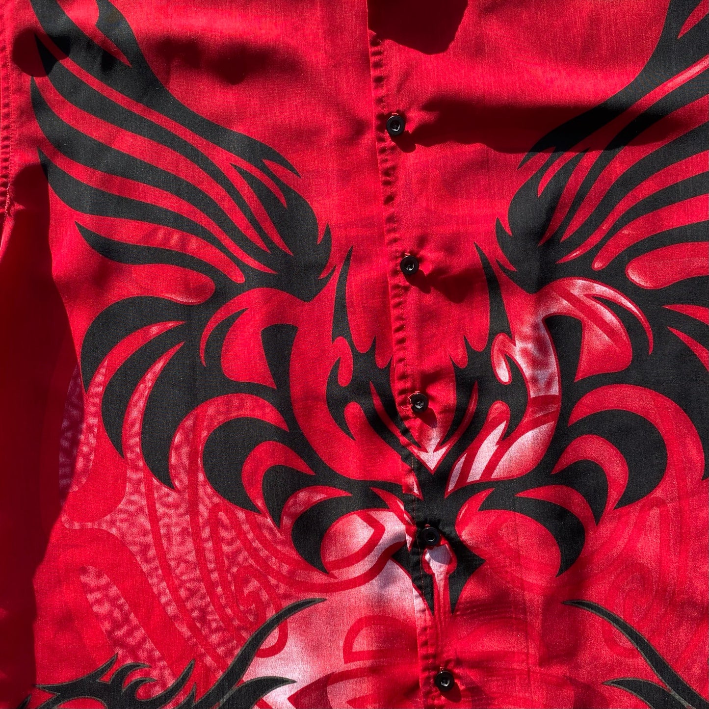 Y2K Mens No Boundaries Shirt Red AOP Tribal Print Vintage Short Sleeve Sz L