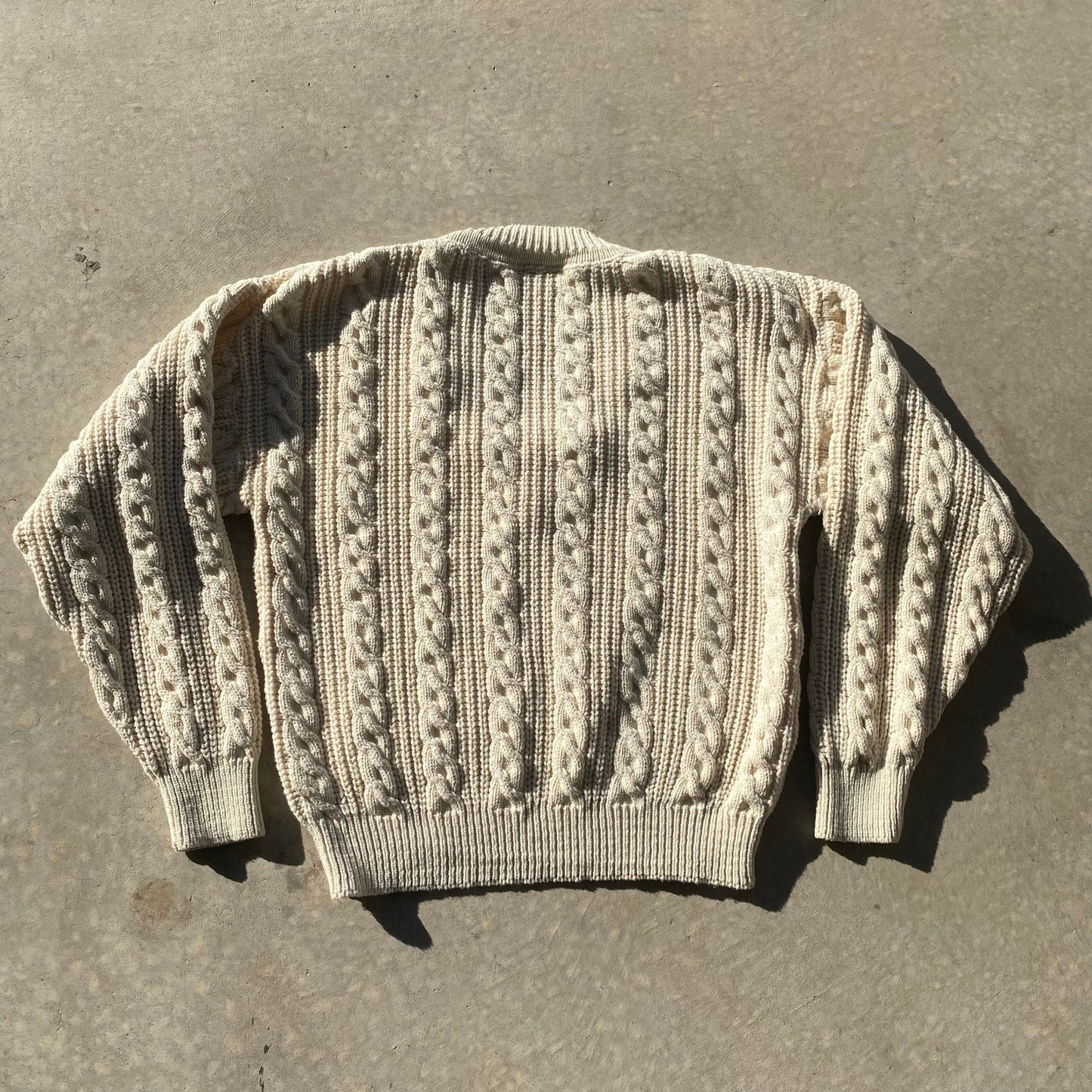 Vintage Grandpa Sweater Cream Cable Knit V Neck Varsity Pullover Sweater Sz XL