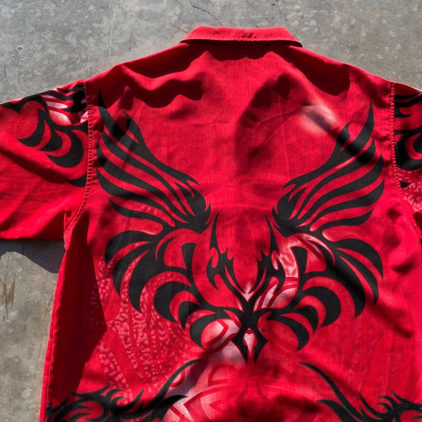 Y2K Mens No Boundaries Shirt Red AOP Tribal Print Vintage Short Sleeve Sz L