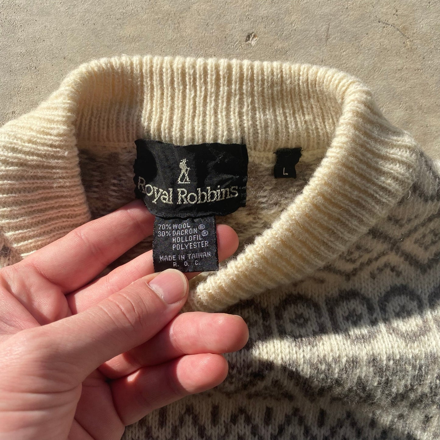 Vintage Grandpa Sweater Royal Robbins Cream Wool Fair Isle Print Mock Neck Sz L