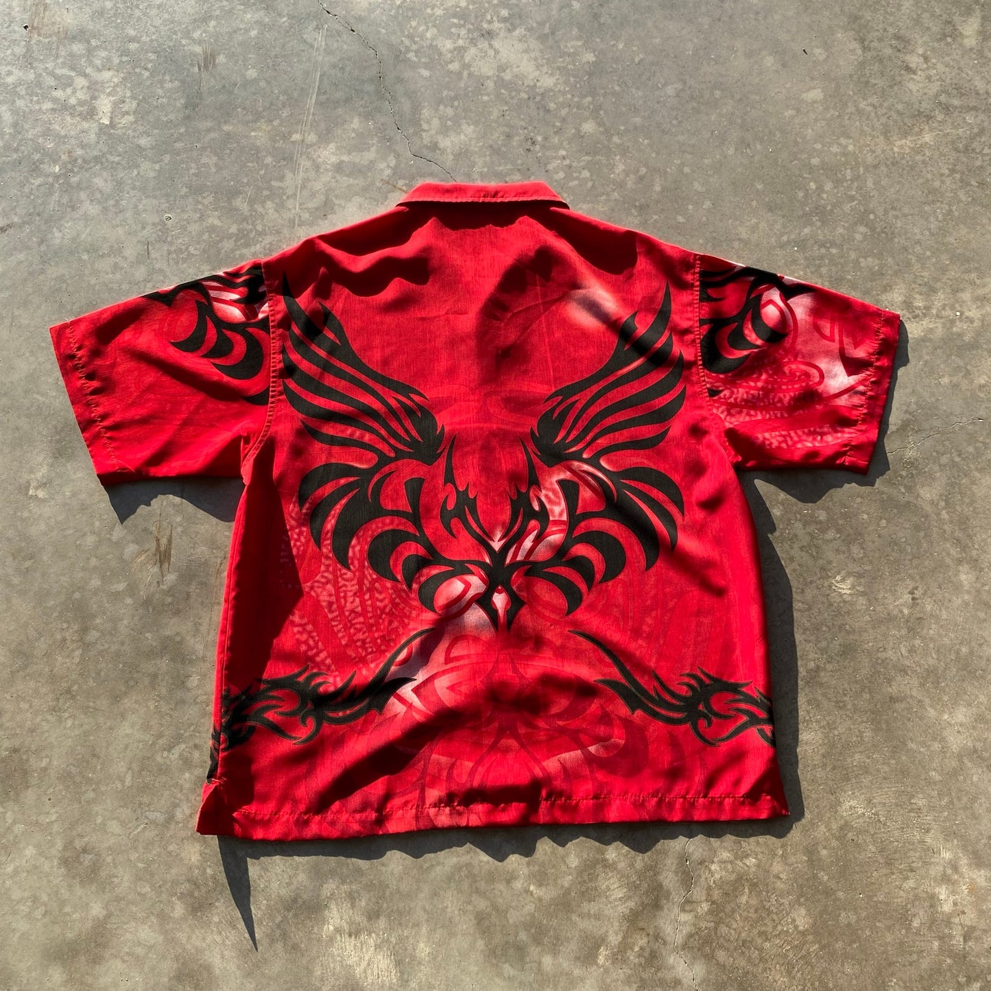 Y2K Mens No Boundaries Shirt Red AOP Tribal Print Vintage Short Sleeve Sz L