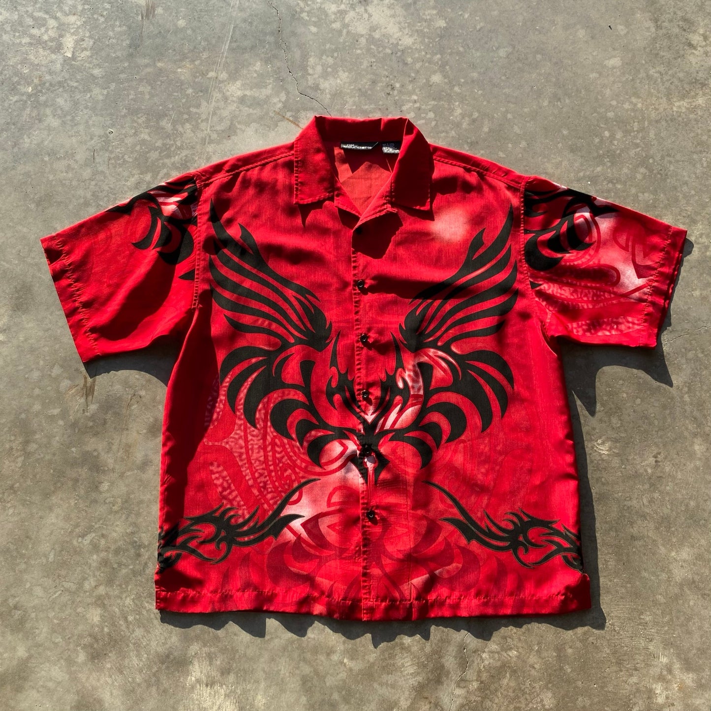 Y2K Mens No Boundaries Shirt Red AOP Tribal Print Vintage Short Sleeve Sz L