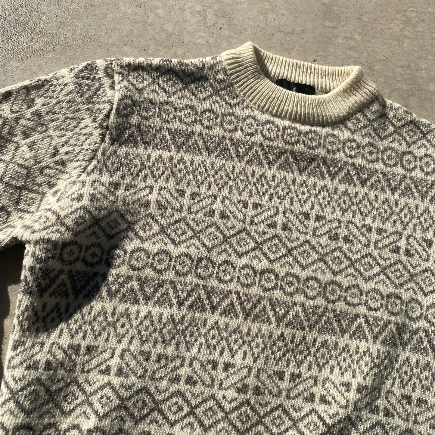 Vintage Grandpa Sweater Royal Robbins Cream Wool Fair Isle Print Mock Neck Sz L