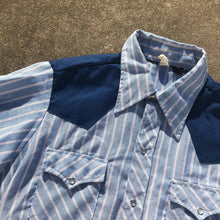 Vtg 70s Men's Pearlsnap Shirt Blue Striped Colorblock Shortsleeve Shirt Sz M/L