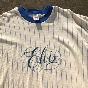 Men's Vtg Elvis Metallic Baseball T Shirt Blue Ringer Fruit of the Loom Sz XXL