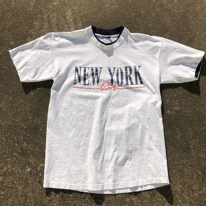 Vtg 90s Men's TShirt New York USA Graphic w Double Navy Sleeve and Collar Sz M/L