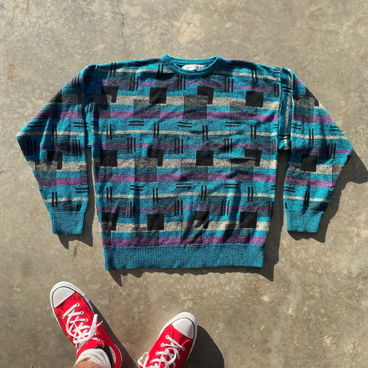90s Men's Sweater Vintage Woven Knit V Crew Neck Grandpa Sweater Blue Black Sz M