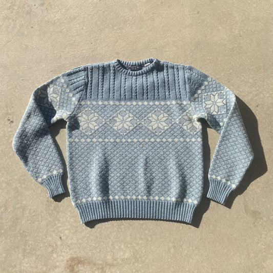 70s Men's Sweater Vintage Baby Blue and White Cable Knit Sweater Sz Large