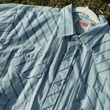 Vtg Men's Pearl Snap Shirt Sz XL 80s Green Stripe Button Down Western Shirt