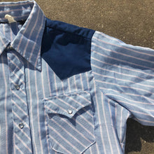Vtg 70s Men's Pearlsnap Shirt Blue Striped Colorblock Shortsleeve Shirt Sz M/L
