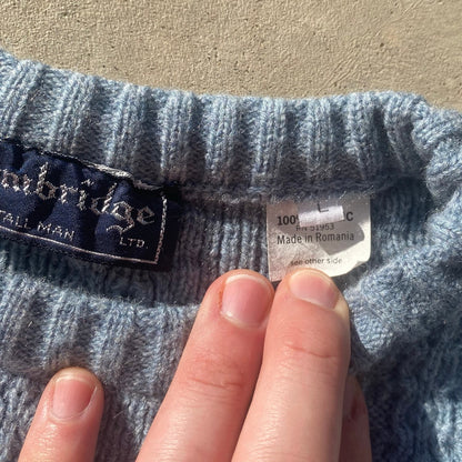 70s Men's Sweater Vintage Baby Blue and White Cable Knit Sweater Sz Large
