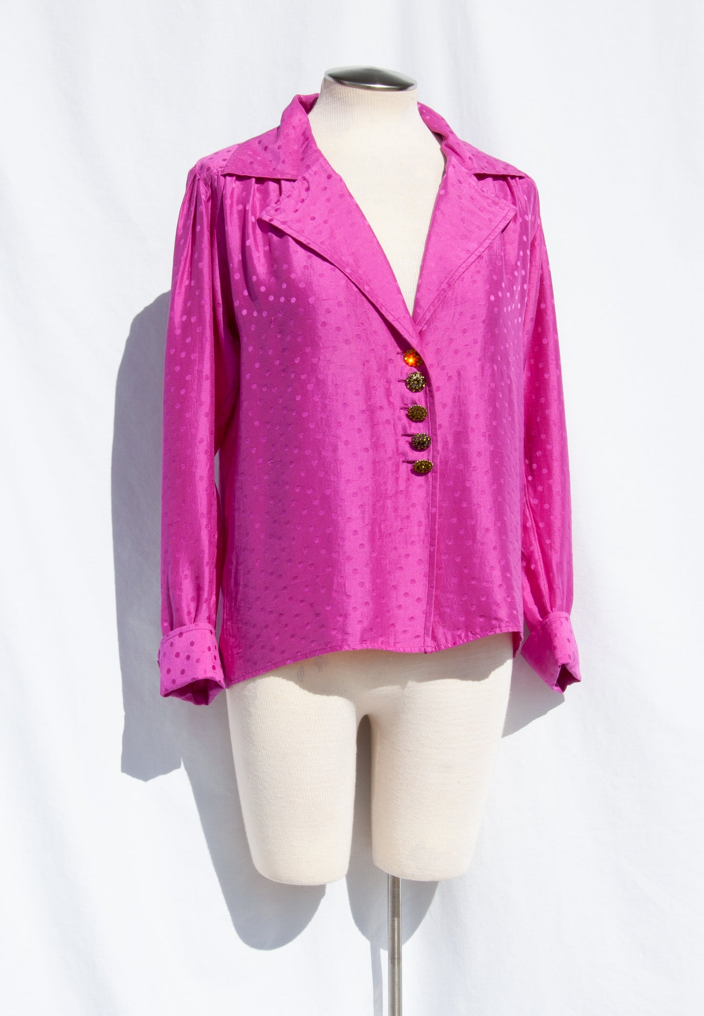 YVES SAINT LAURENT 1990S FUSCHIA RAW SILK POLKA DOT SHIRT