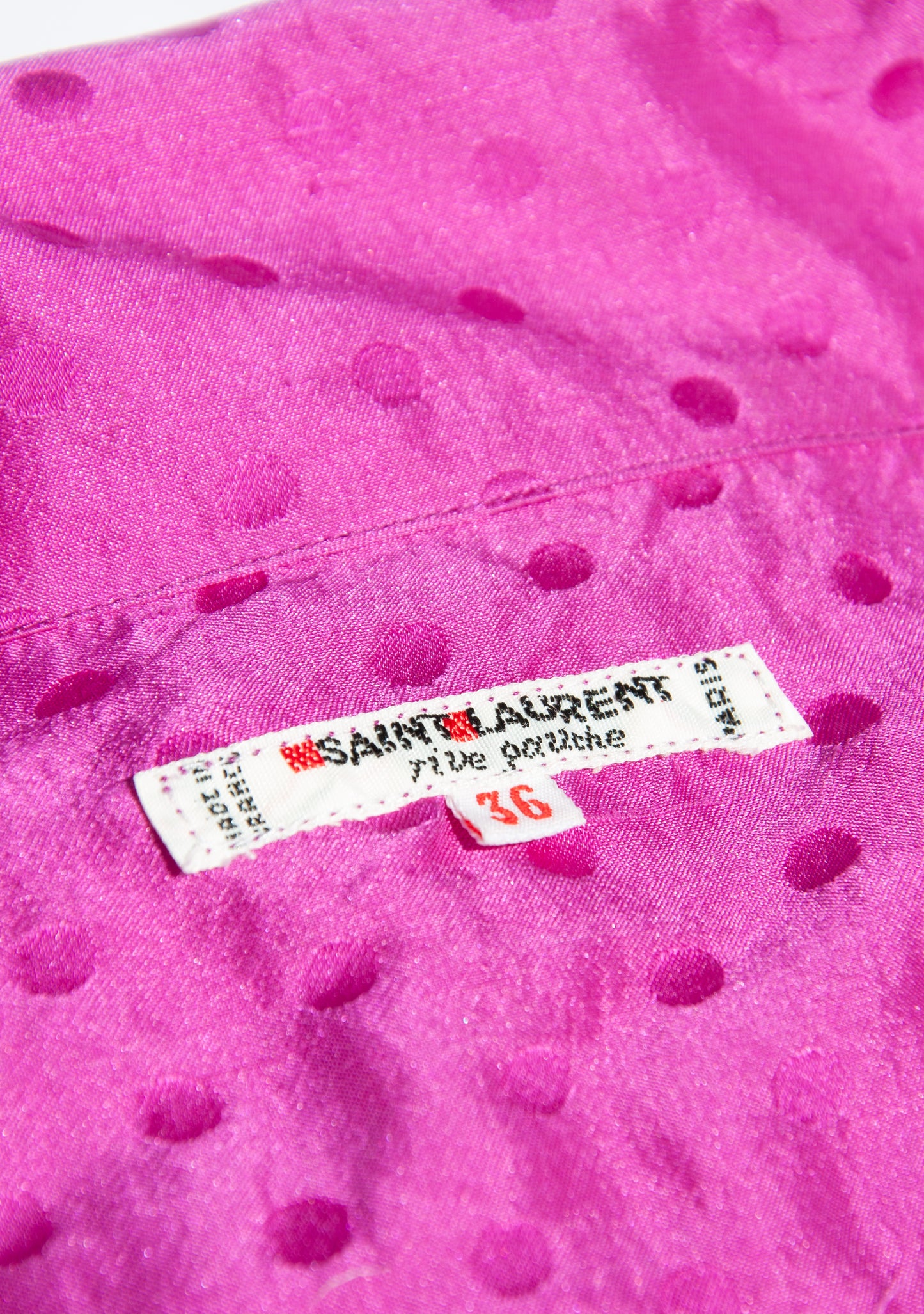 YVES SAINT LAURENT 1990S FUSCHIA RAW SILK POLKA DOT SHIRT