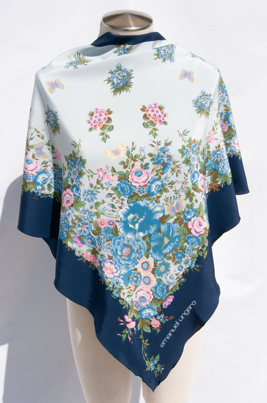 EMANUEL UNGARO 1978 DOCUMENTED VINTAGE FLORAL SILK TRIANGULAR SCARF