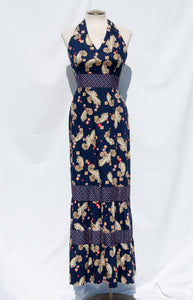 NEIMAN MARCUS 1970S NAVY PAISLEY HALTER NECK DRESS