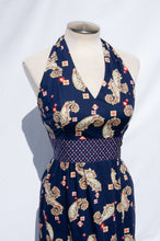NEIMAN MARCUS 1970S NAVY PAISLEY HALTER NECK DRESS