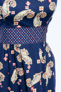 NEIMAN MARCUS 1970S NAVY PAISLEY HALTER NECK DRESS