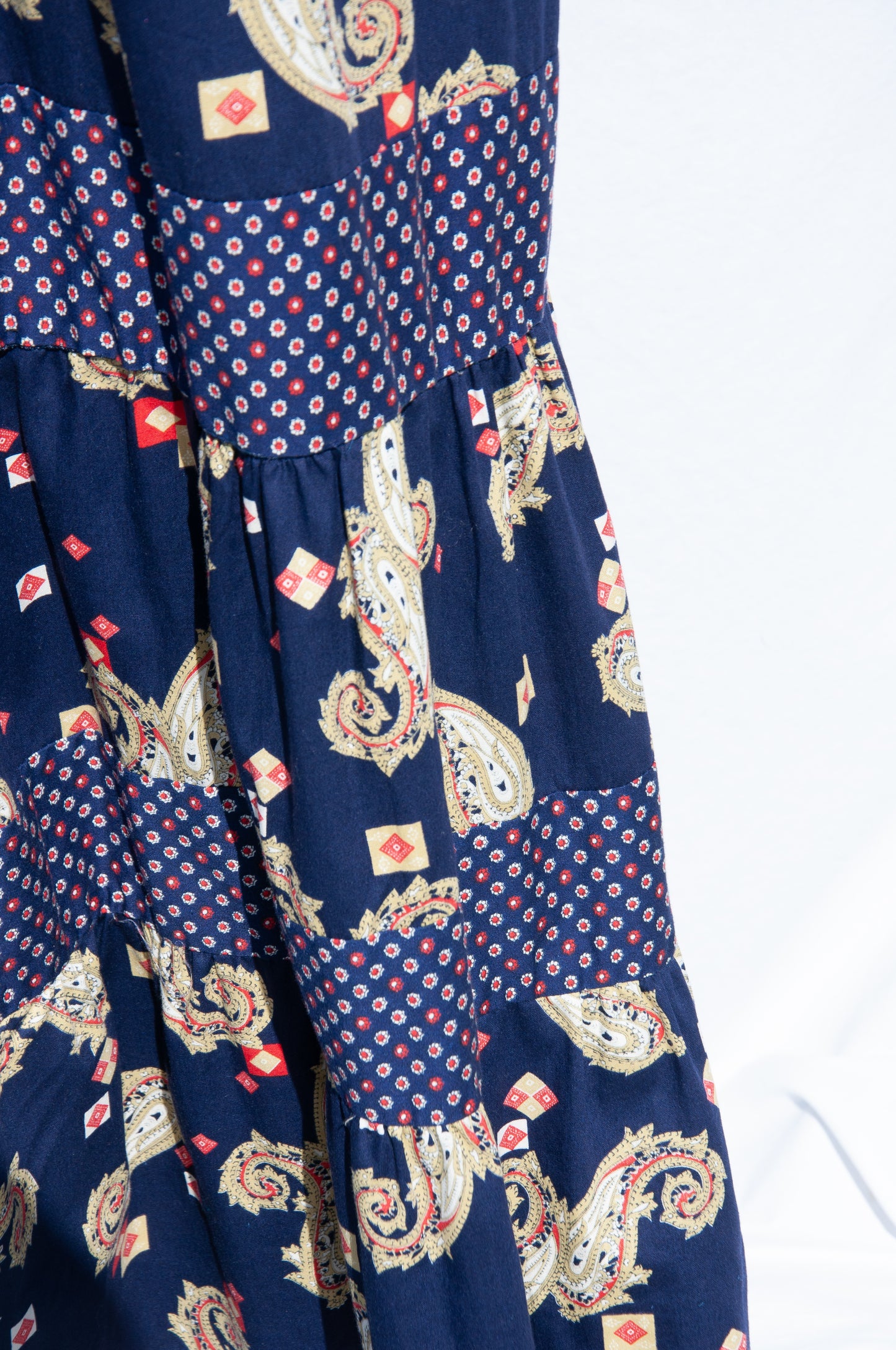 NEIMAN MARCUS 1970S NAVY PAISLEY HALTER NECK DRESS