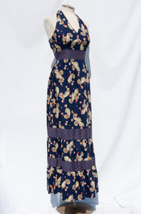 NEIMAN MARCUS 1970S NAVY PAISLEY HALTER NECK DRESS
