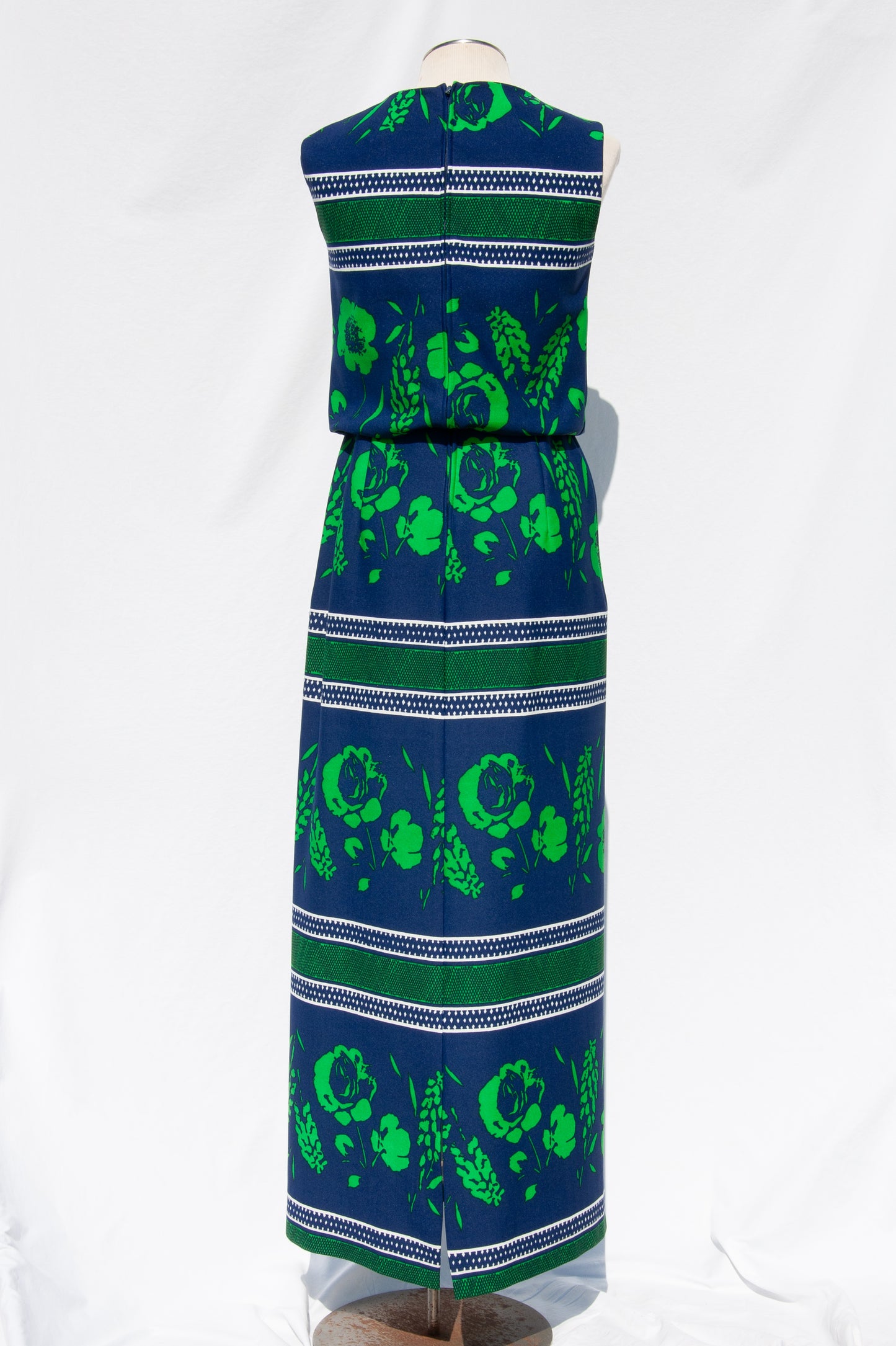 SAKS FIFTH AVENUE 1970S BLUE AND GREEN FLORAL MAXI DRESS