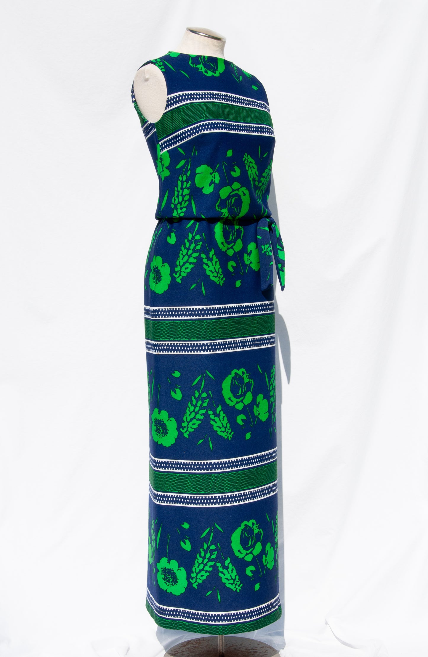 SAKS FIFTH AVENUE 1970S BLUE AND GREEN FLORAL MAXI DRESS