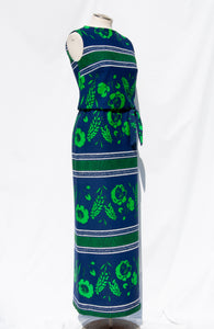 SAKS FIFTH AVENUE 1970S BLUE AND GREEN FLORAL MAXI DRESS
