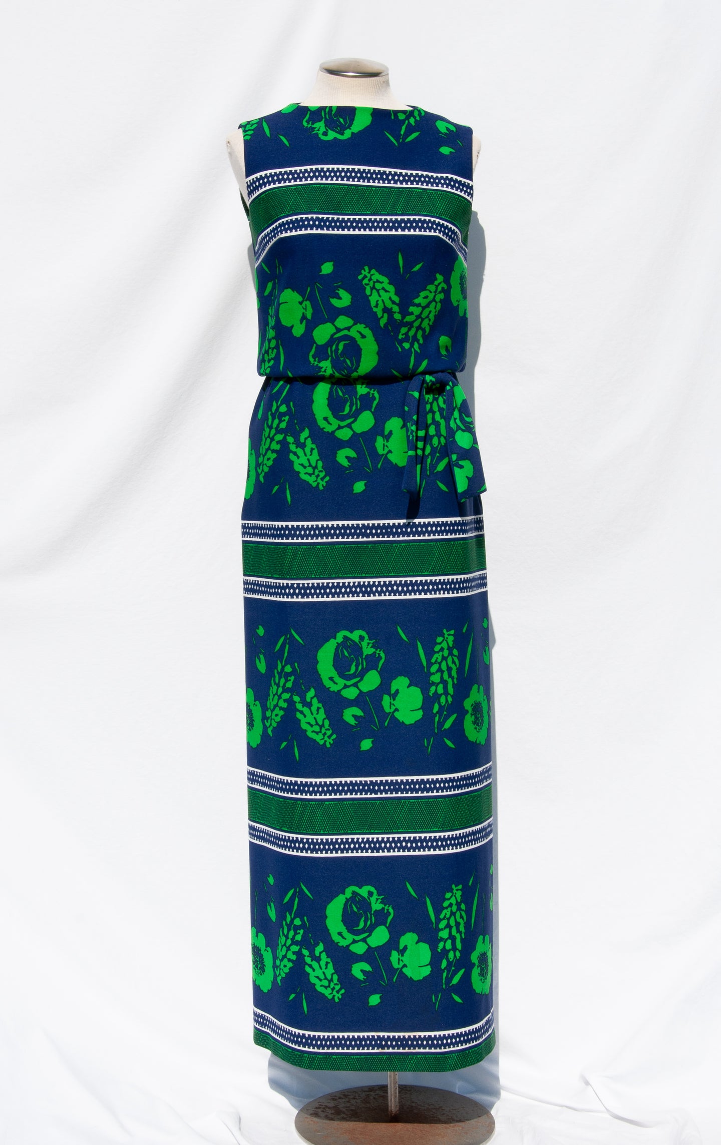 SAKS FIFTH AVENUE 1970S BLUE AND GREEN FLORAL MAXI DRESS