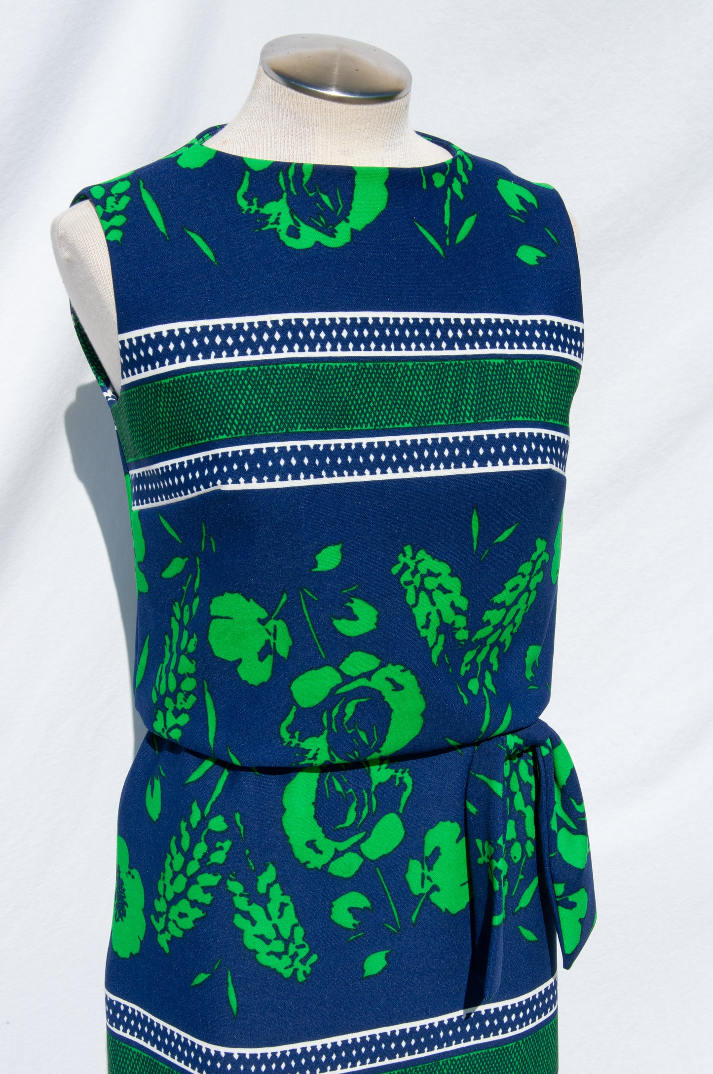 SAKS FIFTH AVENUE 1970S BLUE AND GREEN FLORAL MAXI DRESS