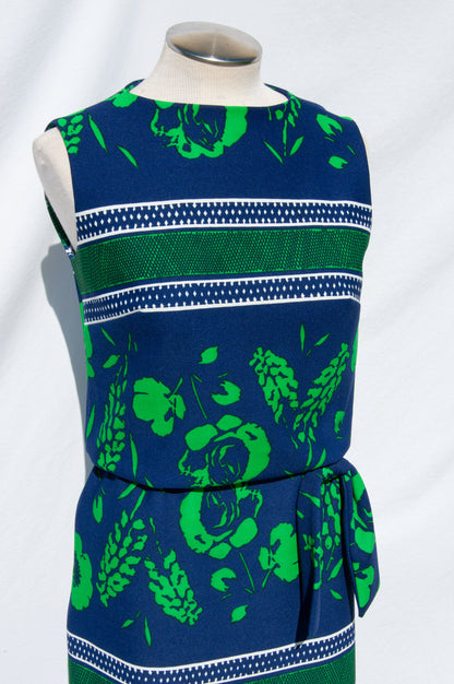 SAKS FIFTH AVENUE 1970S BLUE AND GREEN FLORAL MAXI DRESS