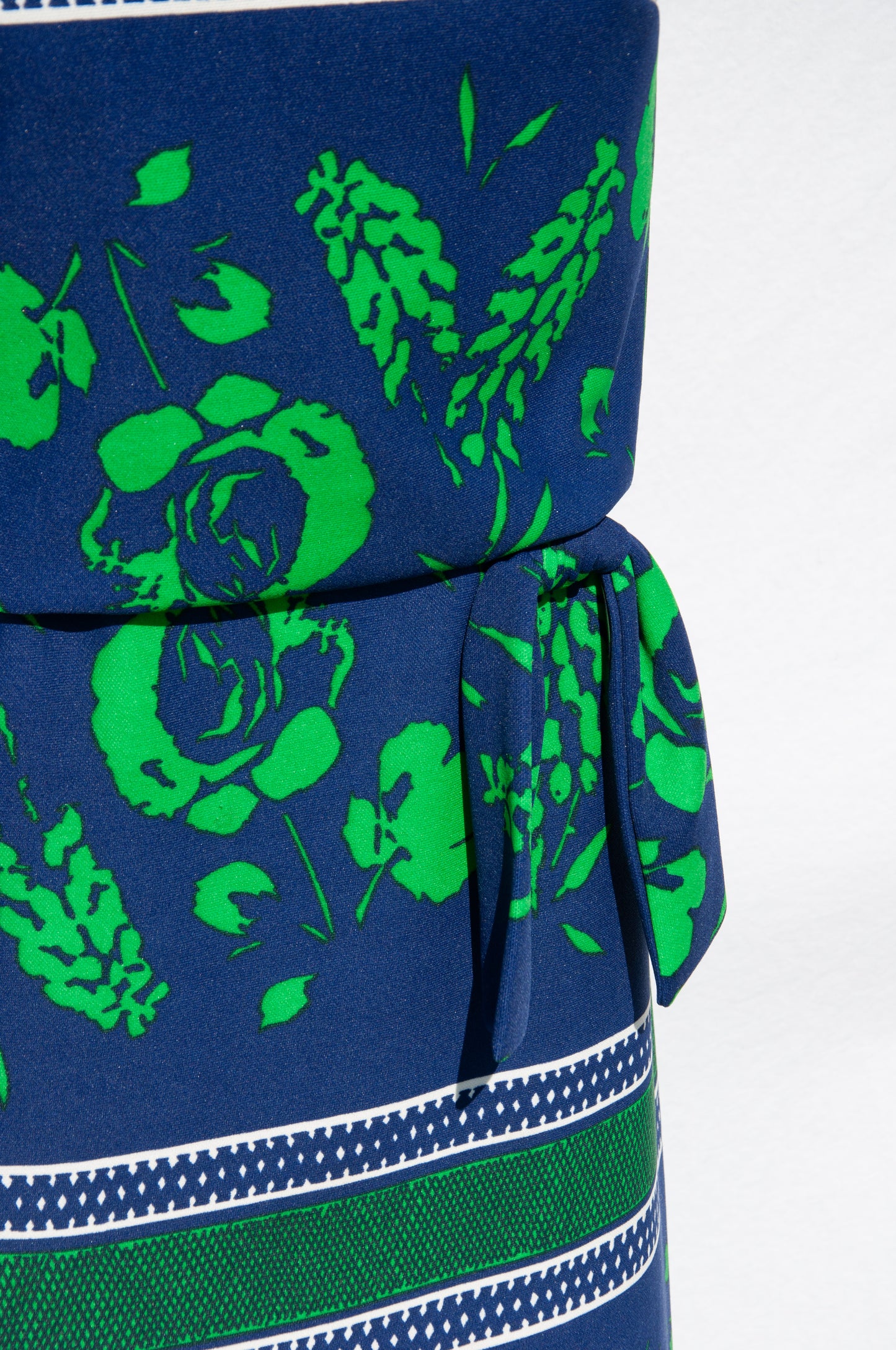 SAKS FIFTH AVENUE 1970S BLUE AND GREEN FLORAL MAXI DRESS