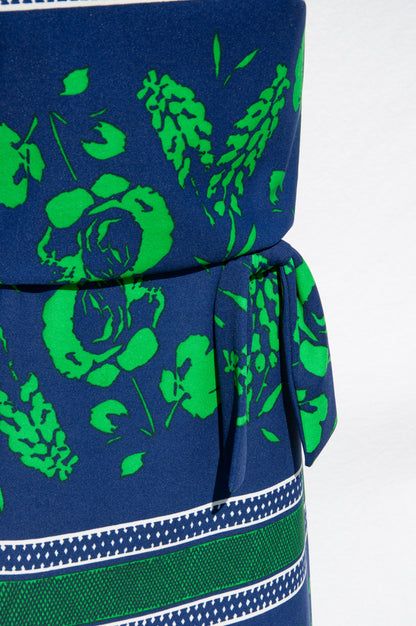 SAKS FIFTH AVENUE 1970S BLUE AND GREEN FLORAL MAXI DRESS
