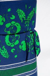SAKS FIFTH AVENUE 1970S BLUE AND GREEN FLORAL MAXI DRESS