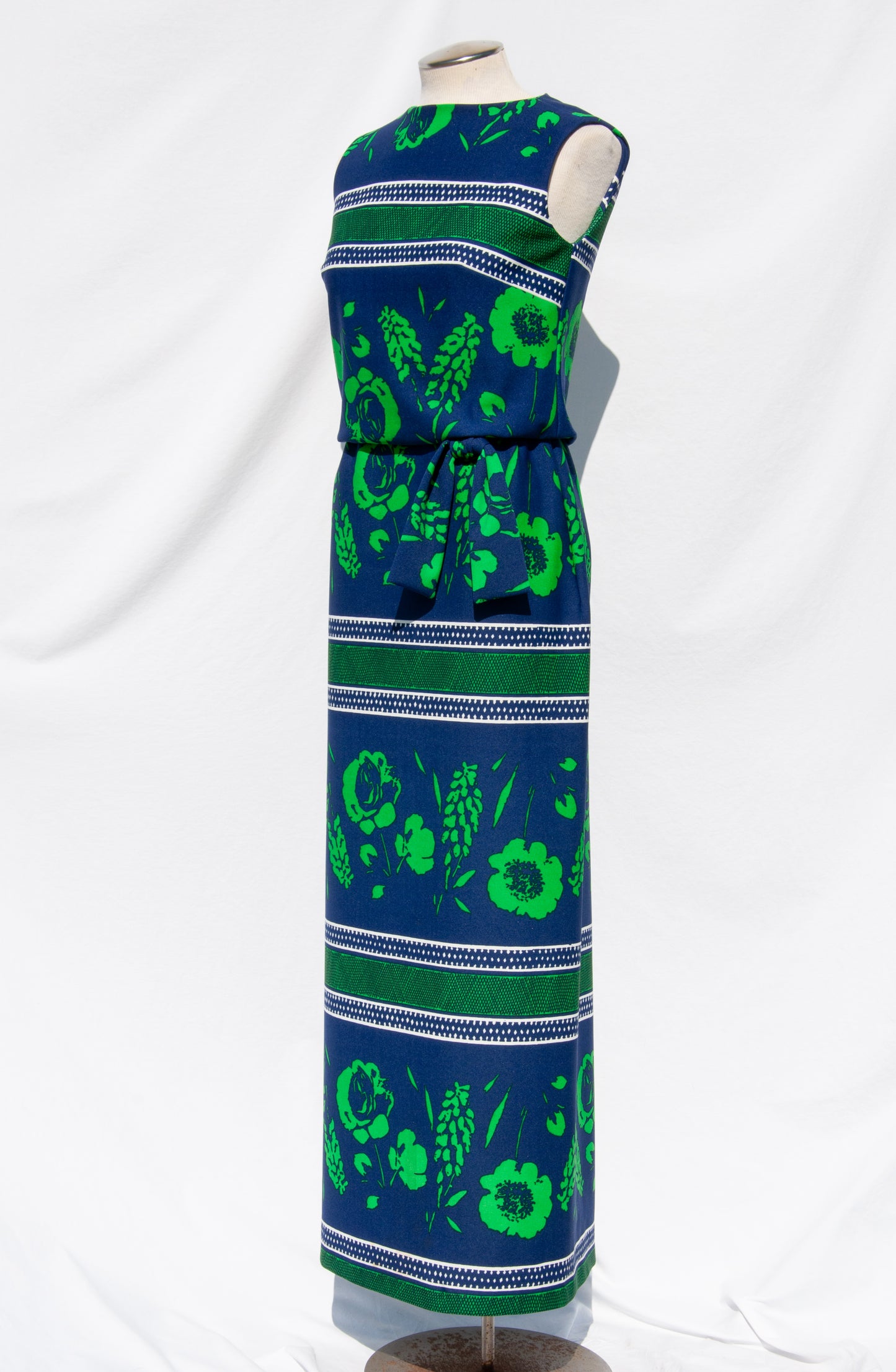 SAKS FIFTH AVENUE 1970S BLUE AND GREEN FLORAL MAXI DRESS