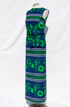 SAKS FIFTH AVENUE 1970S BLUE AND GREEN FLORAL MAXI DRESS