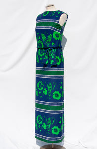 SAKS FIFTH AVENUE 1970S BLUE AND GREEN FLORAL MAXI DRESS