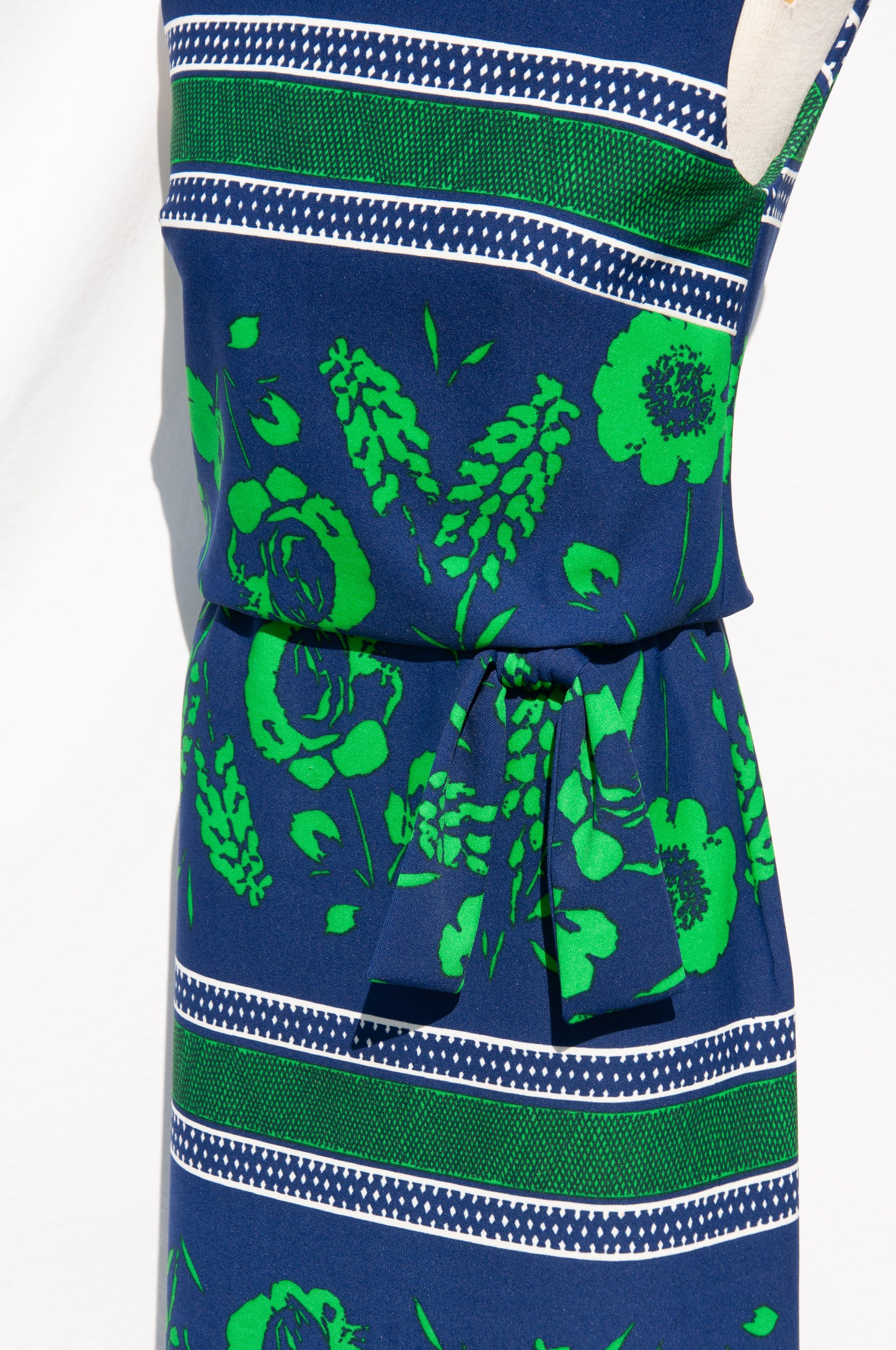 SAKS FIFTH AVENUE 1970S BLUE AND GREEN FLORAL MAXI DRESS