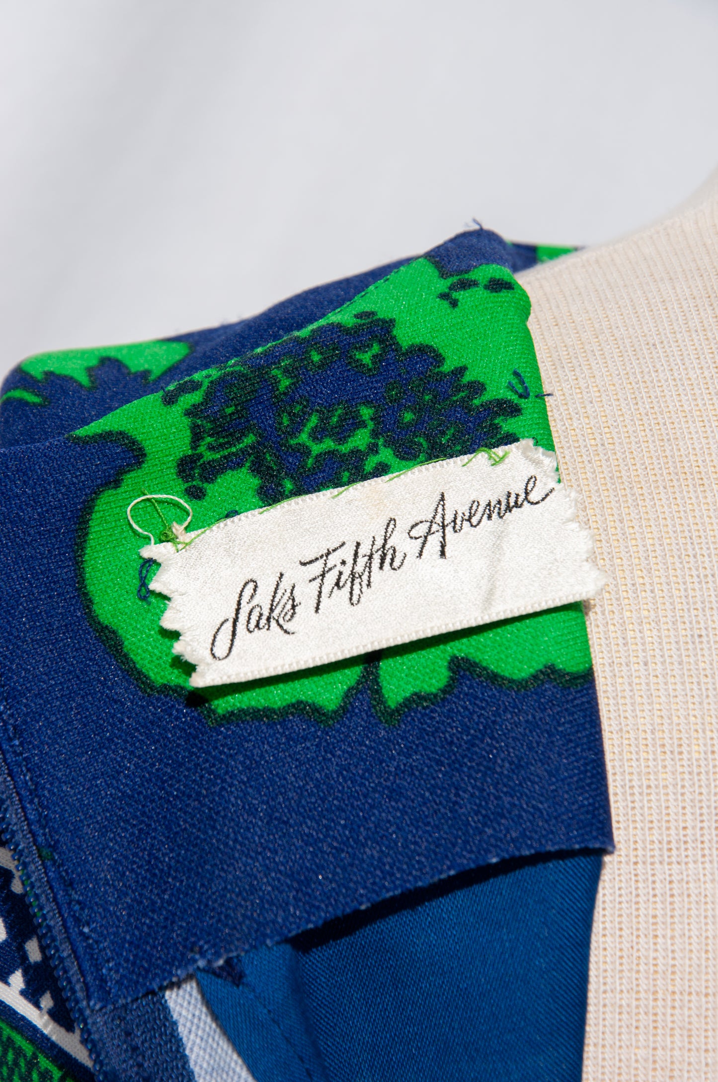 SAKS FIFTH AVENUE 1970S BLUE AND GREEN FLORAL MAXI DRESS