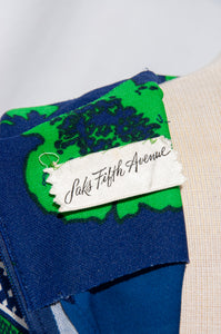 SAKS FIFTH AVENUE 1970S BLUE AND GREEN FLORAL MAXI DRESS