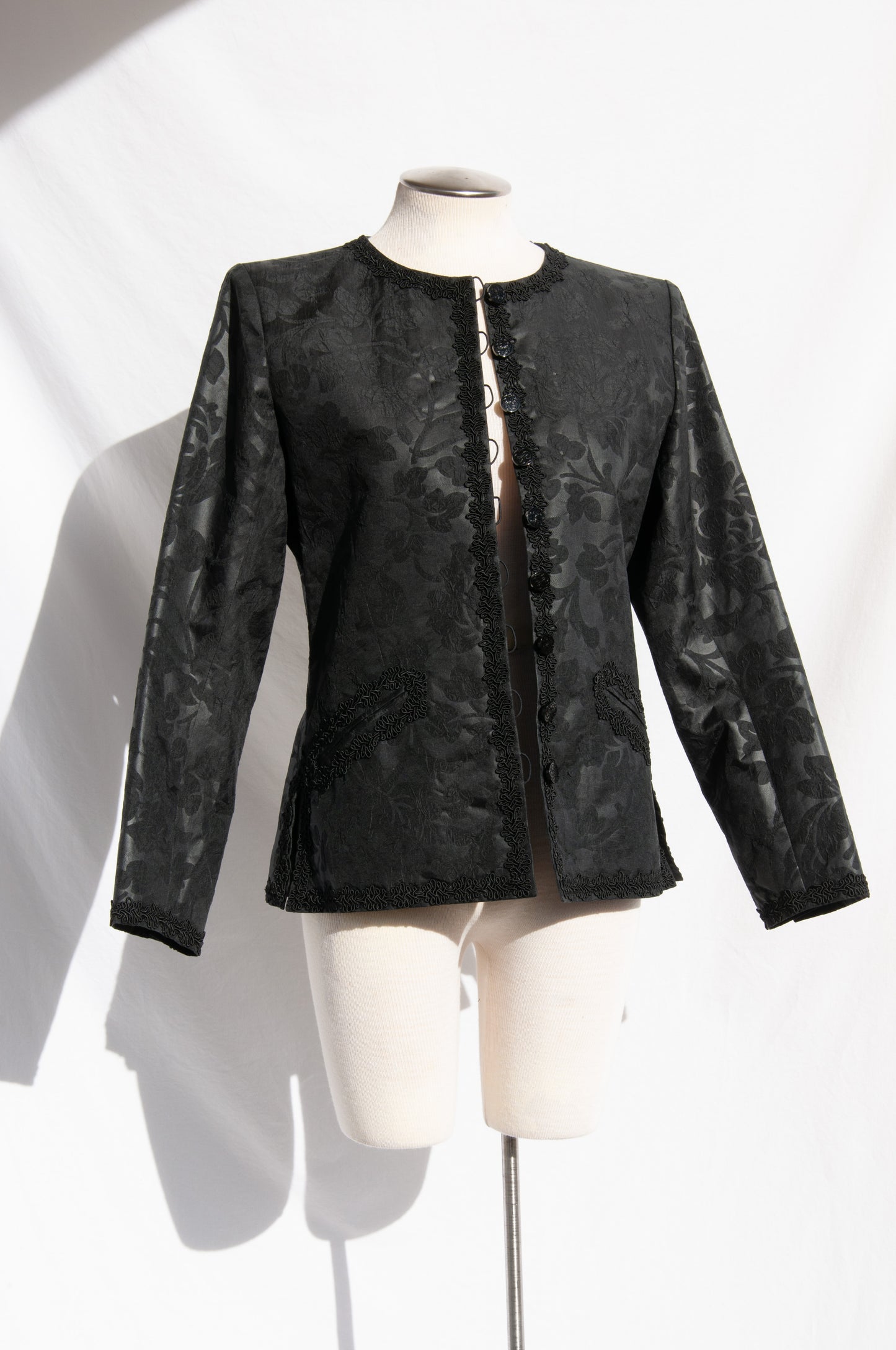 YVES SAINT LAURENT STRUCTURED BLACK FLORAL SILK JACKET