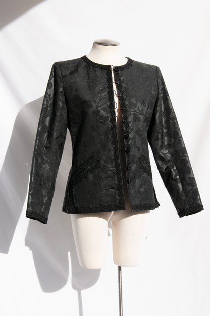 YVES SAINT LAURENT STRUCTURED BLACK FLORAL SILK JACKET