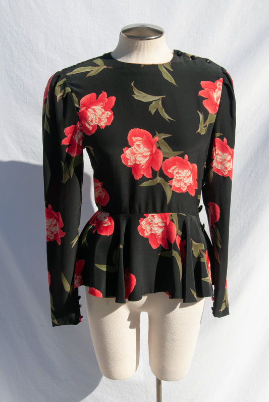 CALVIN KLEIN 80S ROSE PRINT SILK PEPLUM TOP