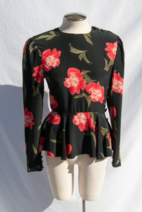CALVIN KLEIN 80S ROSE PRINT SILK PEPLUM TOP
