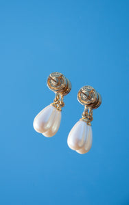 GIVENCHY 1970S/80S GOLD LOGO AND PEARL DROP EARRINGS