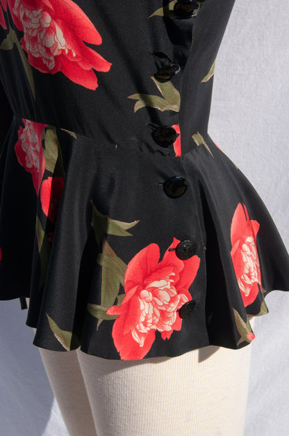 CALVIN KLEIN 80S ROSE PRINT SILK PEPLUM TOP