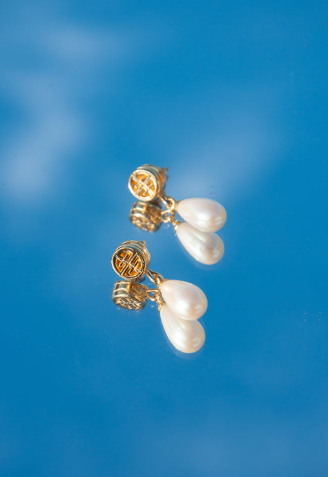 GIVENCHY 1970S/80S GOLD LOGO AND PEARL DROP EARRINGS