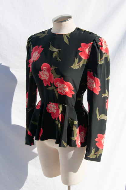 CALVIN KLEIN 80S ROSE PRINT SILK PEPLUM TOP