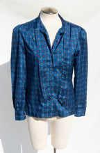 RAGAZZA VINTAGE BLUE AND RED PRINTED PUSSYBOW TOP