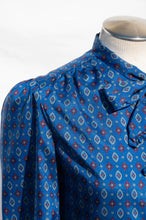 RAGAZZA VINTAGE BLUE AND RED PRINTED PUSSYBOW TOP