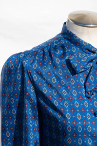 RAGAZZA VINTAGE BLUE AND RED PRINTED PUSSYBOW TOP
