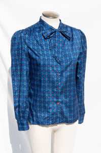 RAGAZZA VINTAGE BLUE AND RED PRINTED PUSSYBOW TOP